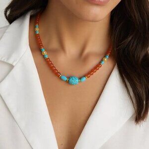 Tropical Island. Orange moonstone, turquoise and gold beaded choker of elegant s